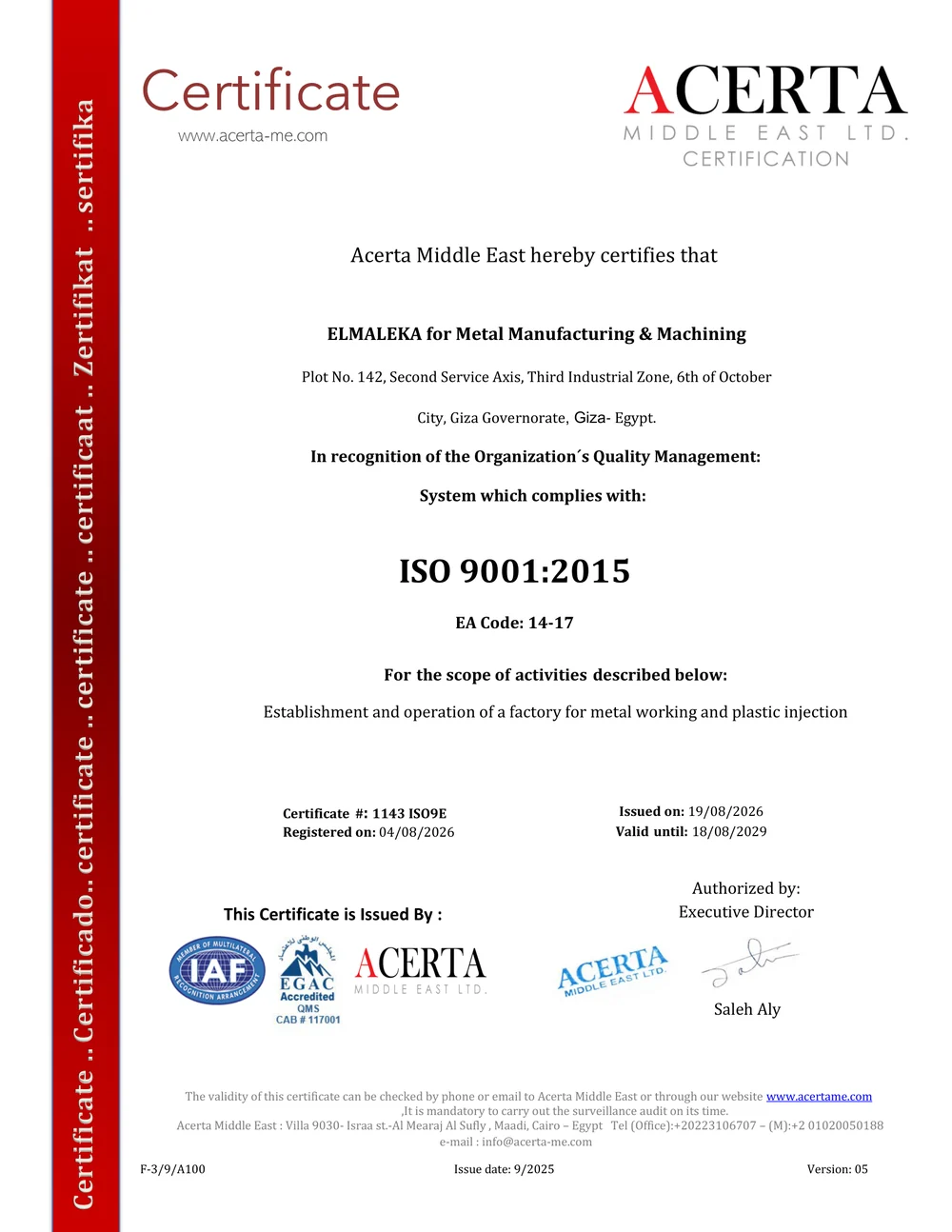ISO 9001:2015 certificate issued to ELMALEKA for Metal Manufacturing & Machining